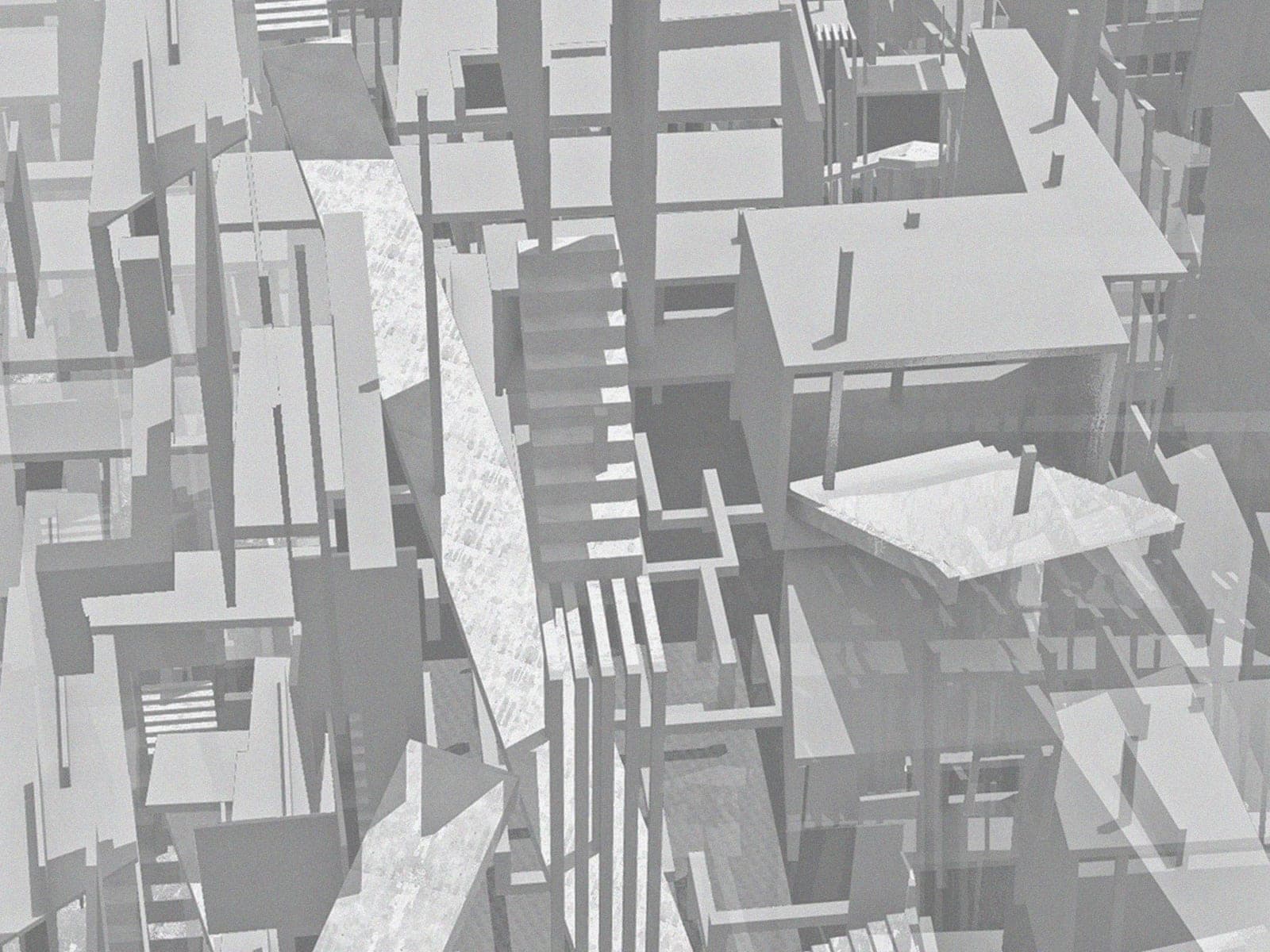 Aerial perspective of a dense grey maze of stairs, platforms and fractured walls