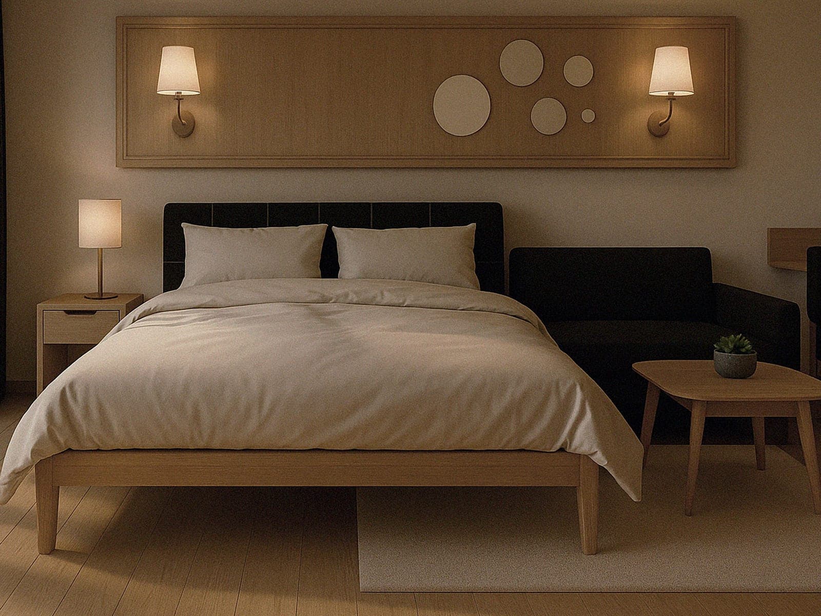 Warmly lit bedroom with a timber headboard panel, wall lamps and a dark sofa