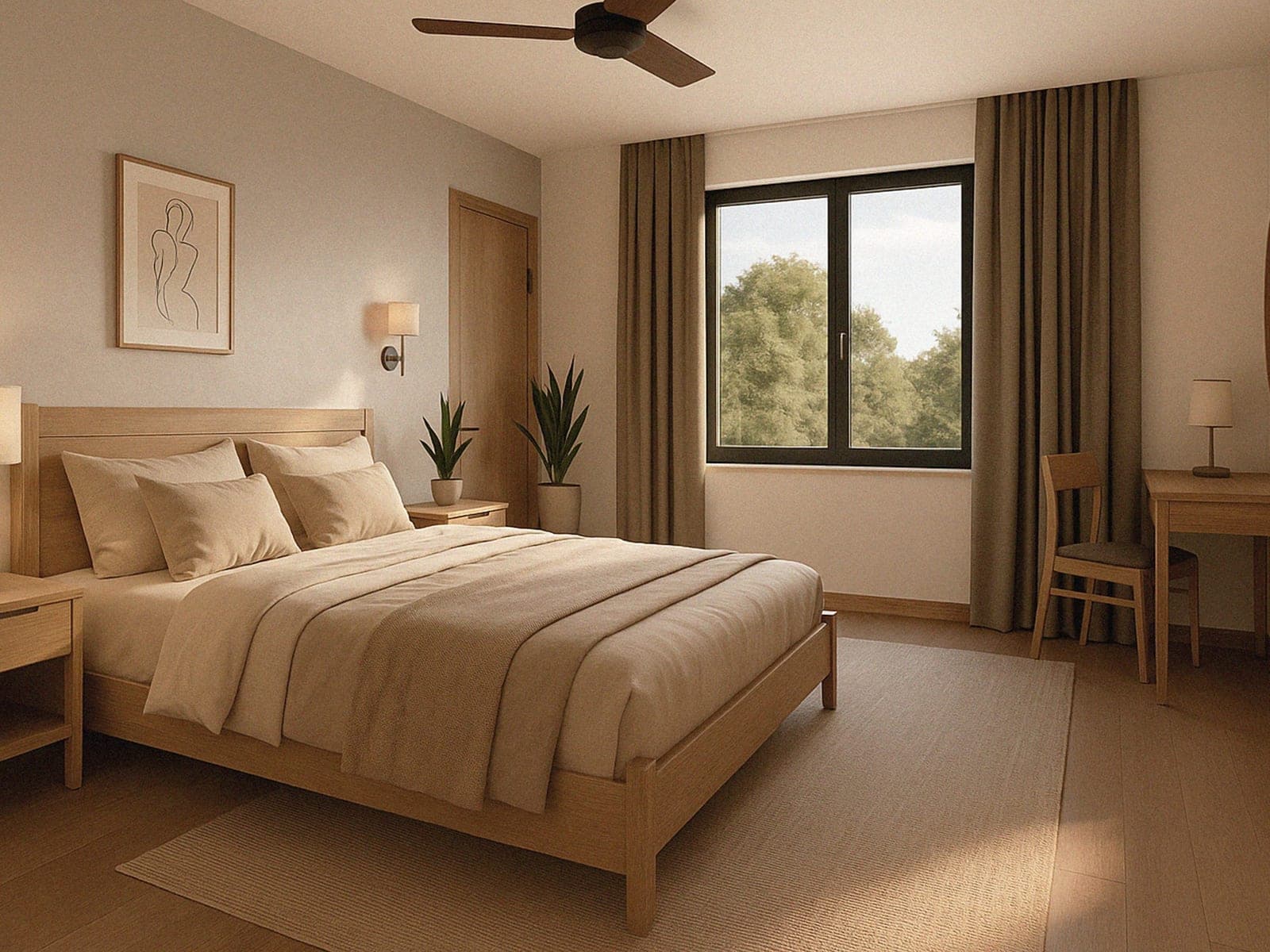 Calm bedroom with a timber bed, linen bedding and a window framing trees